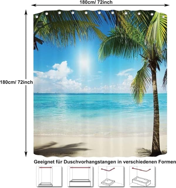 OBOSOE vandtæt badeforhæng 3D strand med 12 kroge, badeværelsesforhæng 180x200 cm