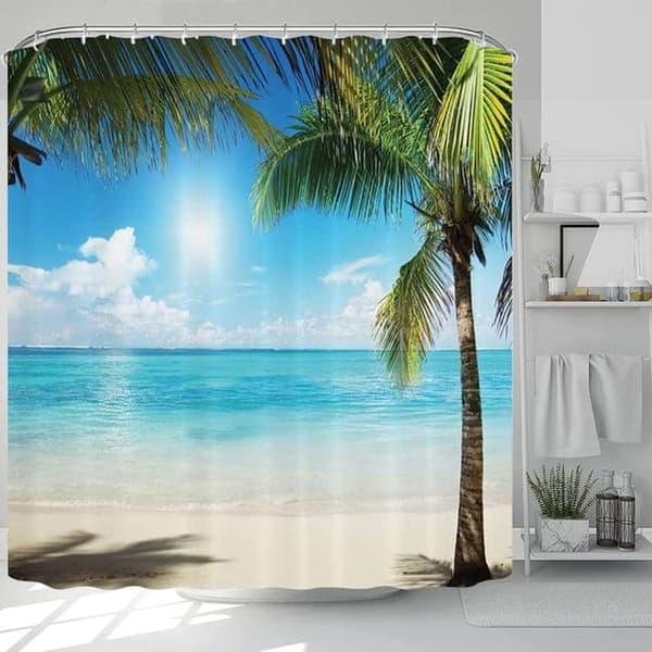 OBOSOE vandtæt badeforhæng 3D strand med 12 kroge, badeværelsesforhæng 180x200 cm