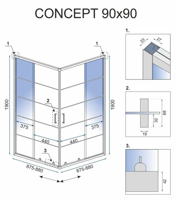 CONCEPT SORT KABINE 90x90 + SAVOY HVID BUND