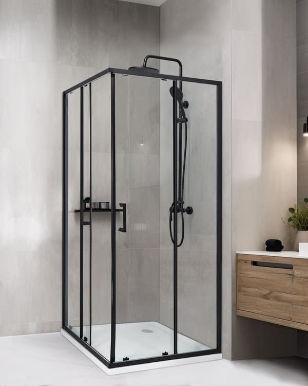 Dusjvegg Svart Herdet Glass Aluminiumsramme Dobbel Dør 80 x 80 x 185cm Moderne Design