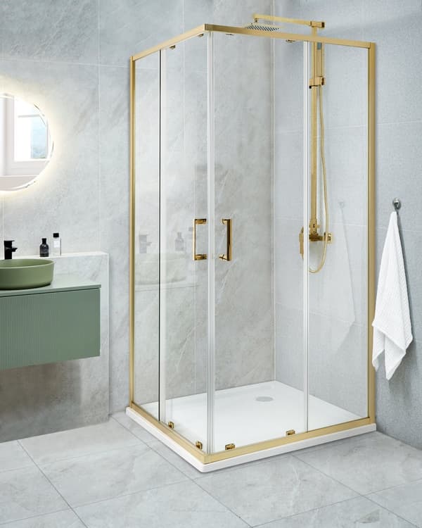 Brusehjørne Guld Hærdet glas Aluminiumsramme Enkeltdør 90x90x185cm Moderne design