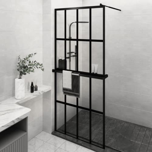 Duschvägg med hylla svart 90x195 cm ESG-glas&aluminium