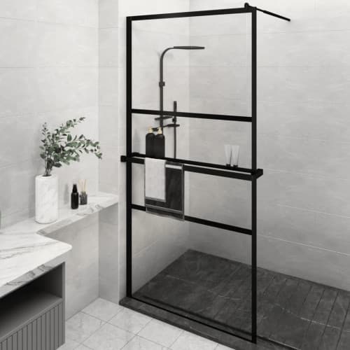 Duschvägg med hylla svart 115x195 cm ESG-glas&aluminium