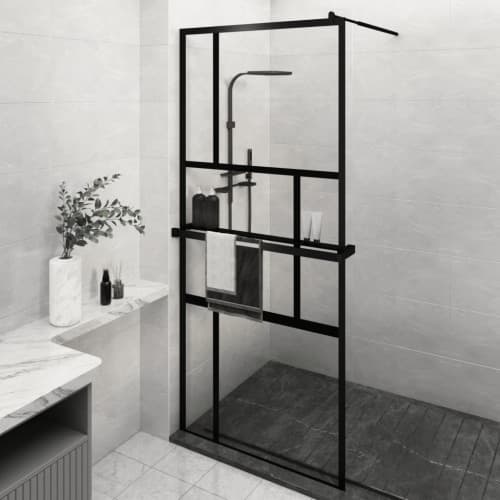 Duschvägg med hylla svart 90x195 cm ESG-glas&aluminium