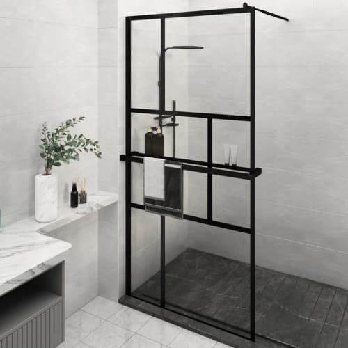 Duschvägg med hylla svart 115x195 cm ESG-glas&aluminium
