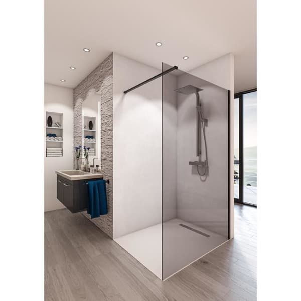 Duschvägg i härdat glas 8mm - Saint-Gobain - 900mm - Parsol grå - Svart matt hårdvara