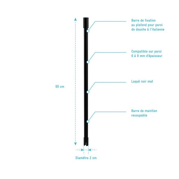 Fäststång - MyShowerRoom - 60cm - Mattsvart - Glas - Klippbar