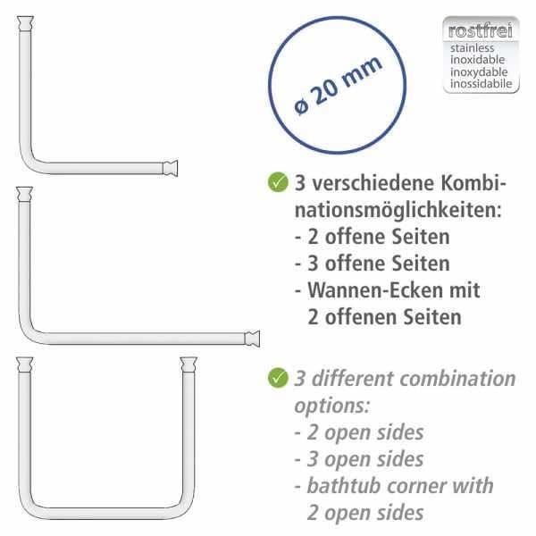 WENKO Universal vinkelduschstång, vinkelduschstång, anpassningsbar längd, fäste utan borrning, Aluminium, Ø 2 cm, Svart