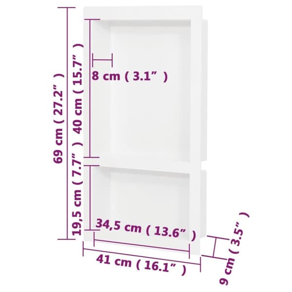 vidaXL Veggnisjer til dusj med 2 rom høyglans hvit 41x69x9 cm