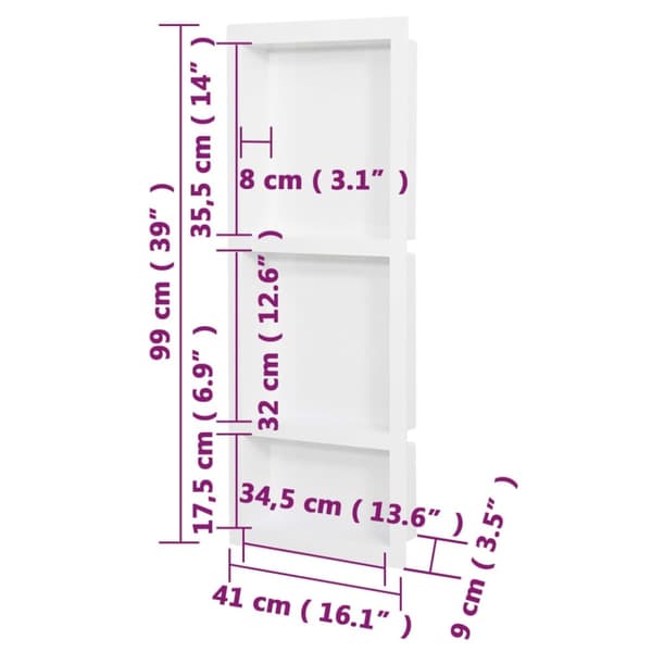 vidaXL bruseniche med 3 rum 41x99x9 cm mat hvid
