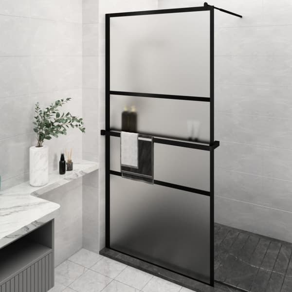 vidaXL Dusjvegg med hylle svart 115x195 cm ESG-glass og aluminium