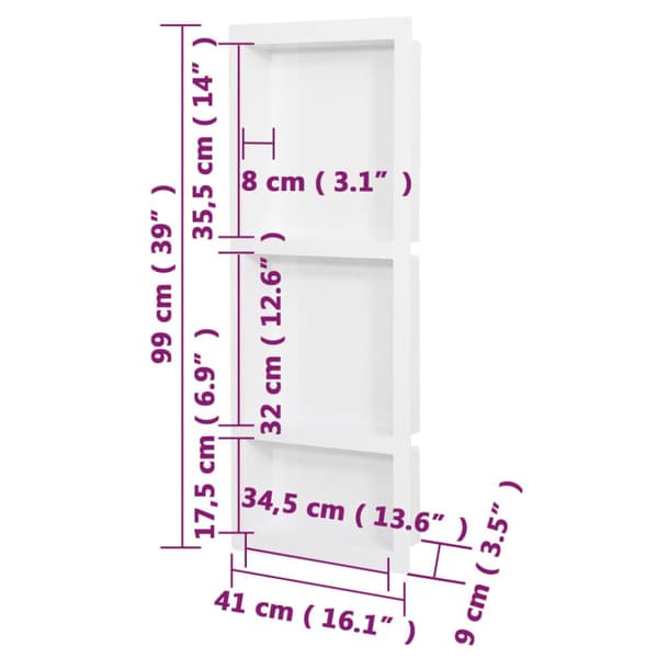 vidaXL bruseniche med 3 rum 41x99x9 cm mat hvid -  Brusenicher & -kabiner