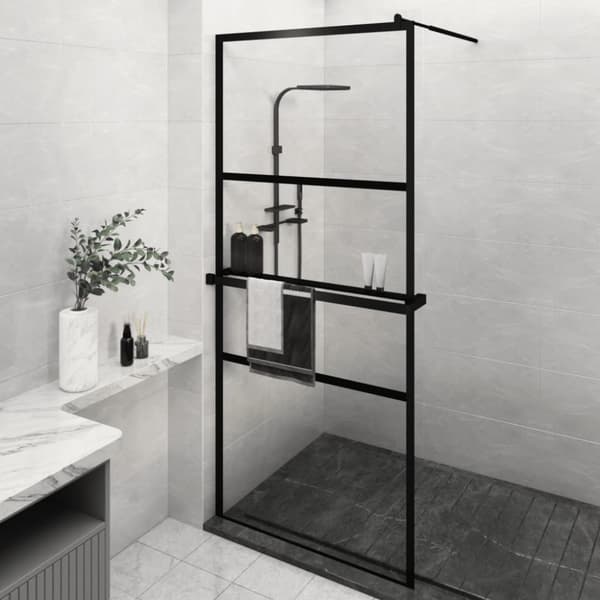 vidaXL brusevæg med hylde 90x195 cm sikkerhedsglas og aluminium sort -  Brusenicher & -kabiner