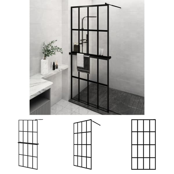 The Living Store brusevæg med hylde 90x195 cm sikkerhedsglas og aluminium sort -  Brusenicher & -kabiner