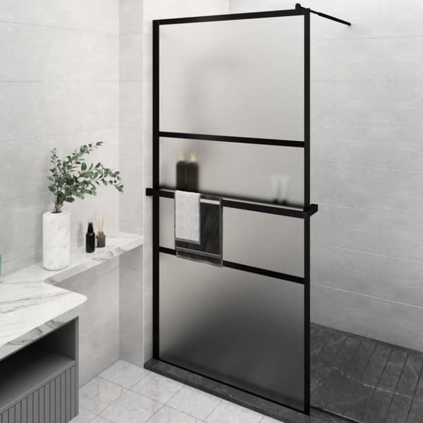 Duschvägg med hylla svart 115x195 cm ESG-glas&aluminium