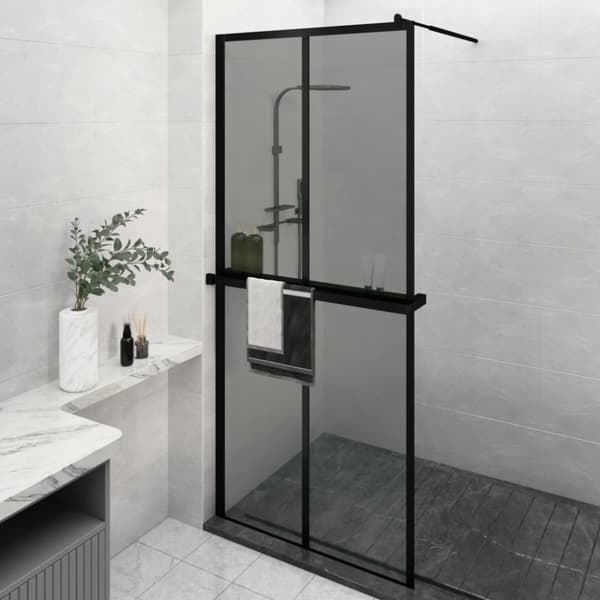 Duschvägg med hylla svart 90x195 cm ESG-glas&aluminium