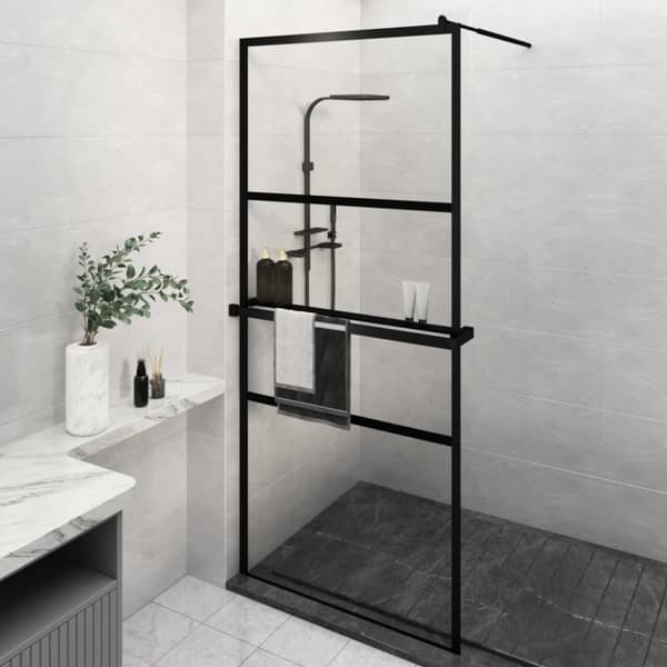 Duschvägg med hylla svart 100x195 cm ESG-glas&aluminium