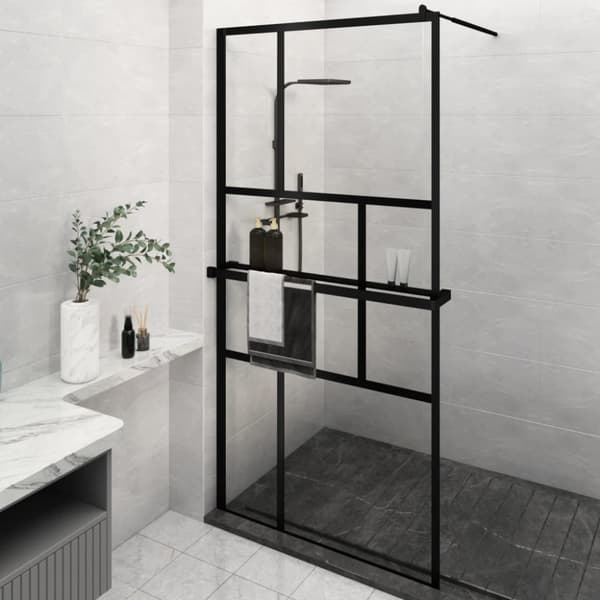 Duschvägg med hylla svart 115x195 cm ESG-glas&aluminium