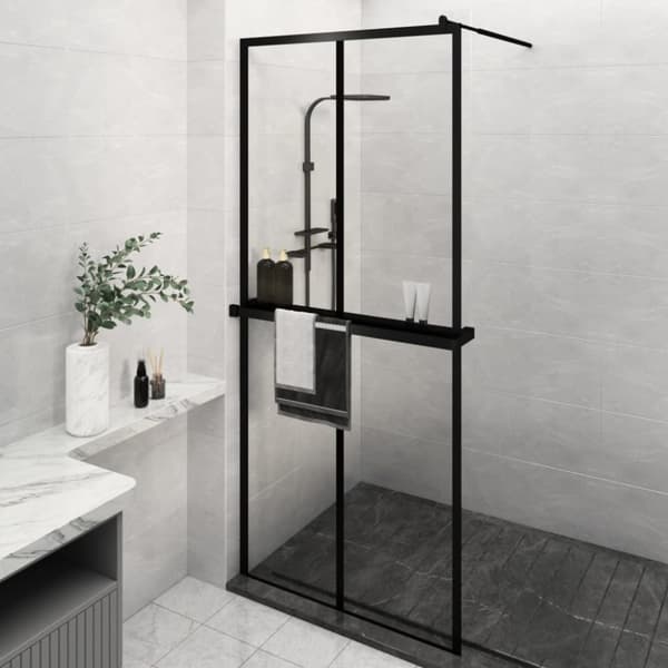 Duschvägg med hylla svart 100x195 cm ESG-glas&aluminium