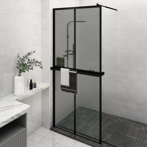 Duschvägg med hylla svart 100x195 cm ESG-glas&aluminium