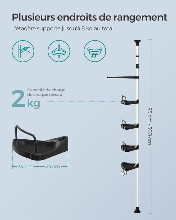 Rootz Brusehylde Højde Justerbar 95-300cm - Rustfrit Stål - Sort og Sølv - 304 Rustfrit Stål - Justerbar Højde - 24cm x 34cm x (95-300)cm