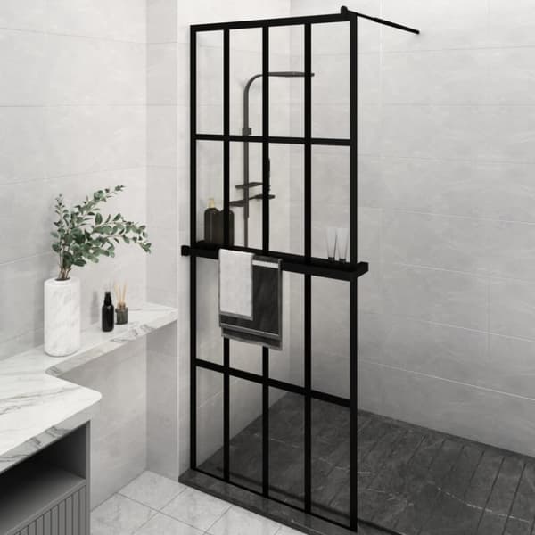 Duschvägg med hylla svart 80x195 cm ESG-glas&aluminium