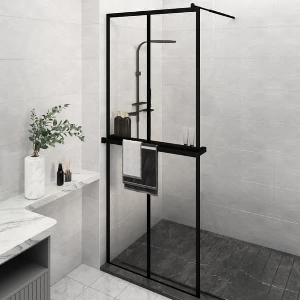 Duschvägg med hylla svart 80x195 cm ESG-glas&aluminium