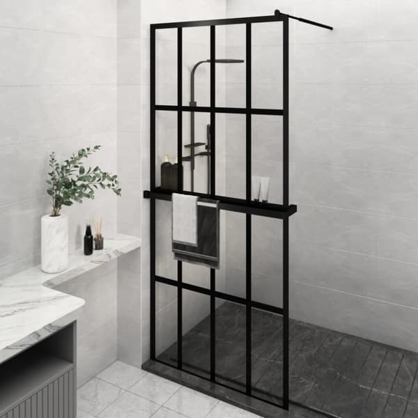 Duschvägg med hylla svart 90x195 cm ESG-glas&aluminium