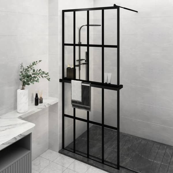 Duschvägg med hylla svart 100x195 cm ESG-glas&aluminium