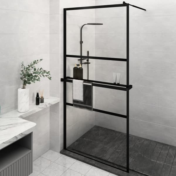 Duschvägg med hylla svart 115x195 cm ESG-glas&aluminium