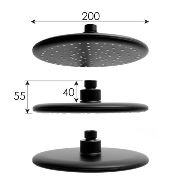 Sort termostatisk bruseblanding med 20cm regndusche og håndbruser, anti-kalk teknologi