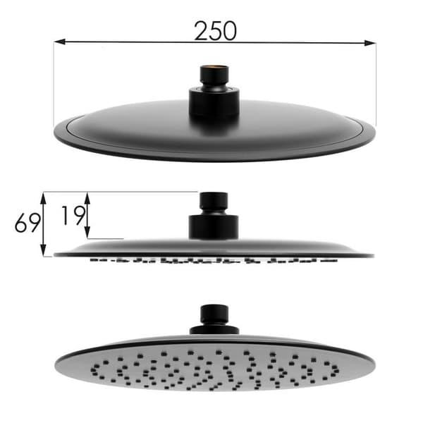 Moderne sort brusessæt med blandingsbatteri & regndusche - 25cm, antikalksystem