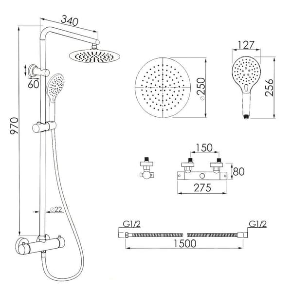 Lyxigt gyllene termostatisk duschset med regndusch & handdusch, Anti-Calc-teknik