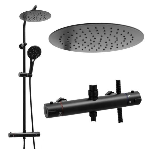 Sort Termostatisk Brusesæt med 25cm Regndus - Moderne Design til Arkitekter & Interiørarkitekter