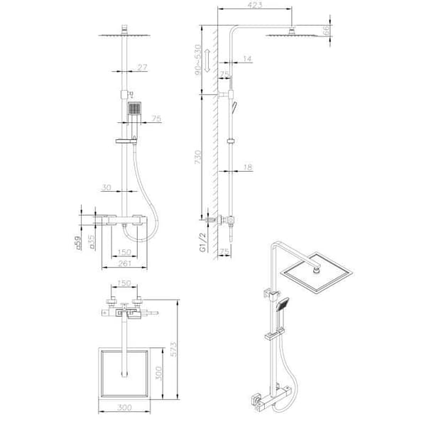 OCEANIC brusesøjle - Termostatarmatur - Højt firkantet brusehoved 30x30 cm - Mat sort