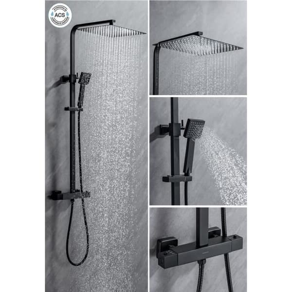 OCEANIC brusesøjle - Termostatarmatur - Højt firkantet brusehoved 30x30 cm - Mat sort