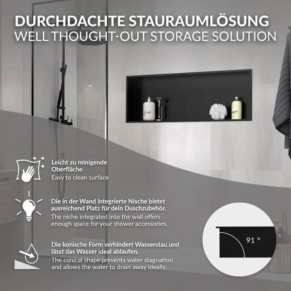 Suihkutarjotin 90x30 cm musta ruostumaton teräs seinänurkkaus Suihkutarjotin LuxeBath