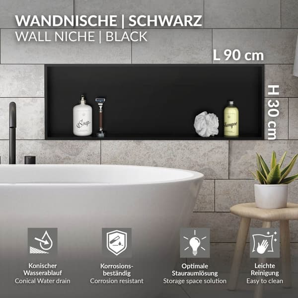 Suihkutarjotin 90x30 cm musta ruostumaton teräs seinänurkkaus Suihkutarjotin LuxeBath