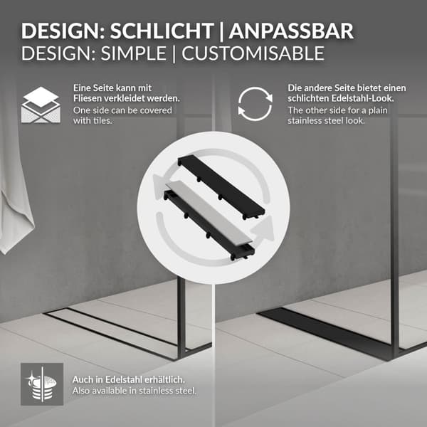Brusekanal i rustfrit stål, der kan flises, 100 cm og vandlås, komplet sæt, sort, flad LuxeBath