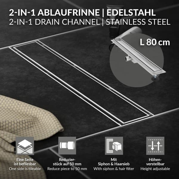 Ruostumattomasta teräksestä valmistettu suihkukanava laatoitettava 80 cm ja sifoni täydellinen setti hopea litteä LuxeBath