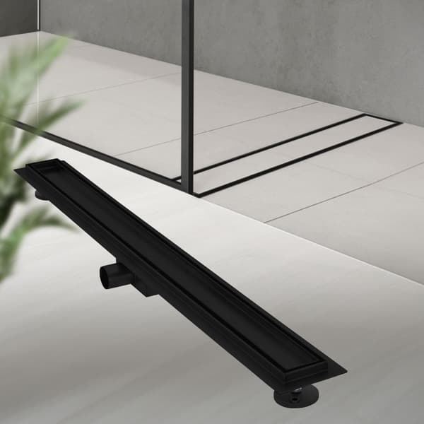 Ruostumattomasta teräksestä valmistettu suihkukanava laatoitettava 90 cm ja sifoni täydellinen sarja musta litteä LuxeBath