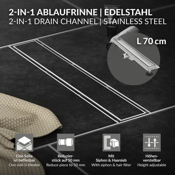 Ruostumattomasta teräksestä valmistettu suihkukanava laatoitettava 70 cm ja sifoni täydellinen setti hopea litteä LuxeBath