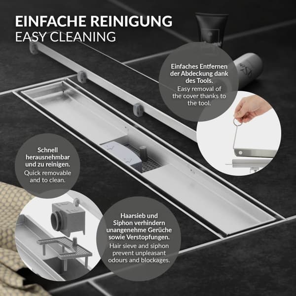 Duschränna i rostfritt stål 50 cm och sifon komplett set silver flat LuxeBath