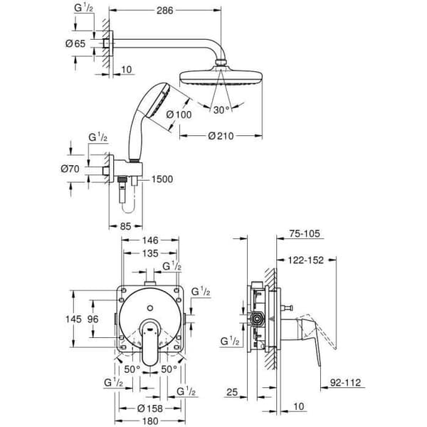 GROHE Tempesta 210 Eurosmart Cosmopolitan inbyggd duschset - 1-strålehuvud - 2-stråle handdusch - Krom