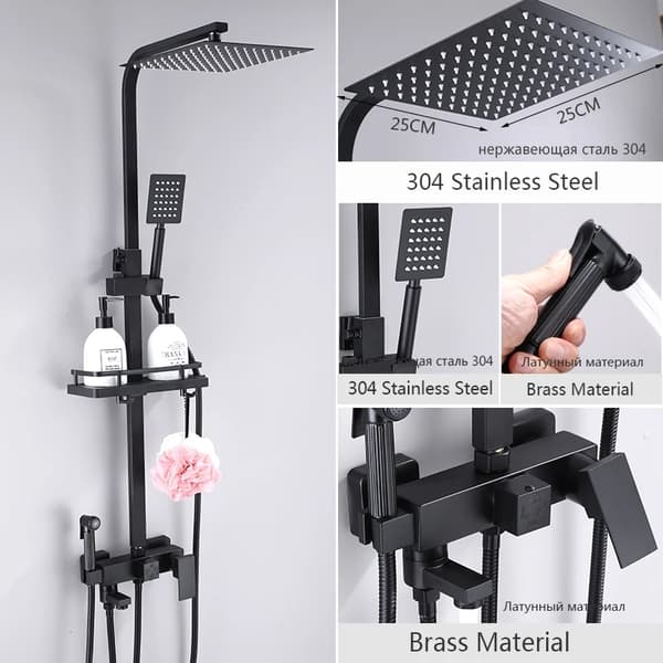 Sort Regnbruser Armatur, Justerbar Højde, Dobbelt Brusehoveder,Sort-F6026BB