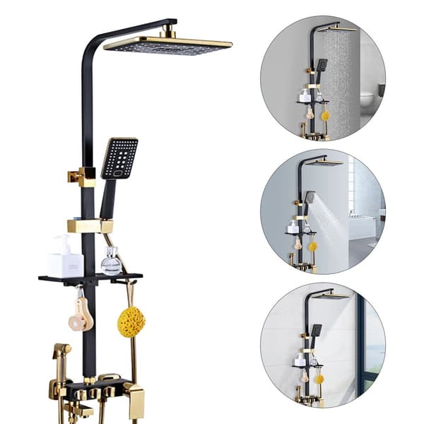 Brass Brusesystem, Stilfuld Sort og Guld Design, Flere Brusehoveder, Justerbar Højde