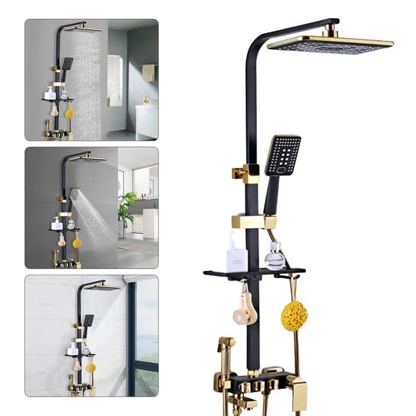 Brass Brusesystem, Stilfuld Sort og Guld Design, Flere Brusehoveder, Justerbar Højde