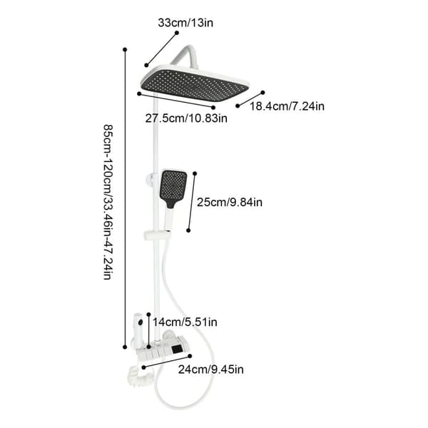 Ruostumattomasta teräksestä valmistettu suihkujärjestelmä, säädettävä korkeus 85-120 cm, LED-lämpötilanäyttö,Tumma harmaa
