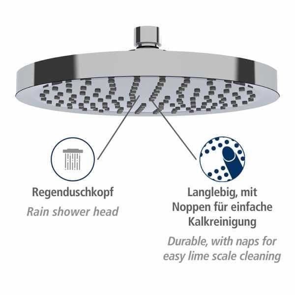 WENKO Vattensparande regnduschhuvud, italienskt duschhuvud, 40 % vattenbesparing, plast, ø 20 cm, krom
