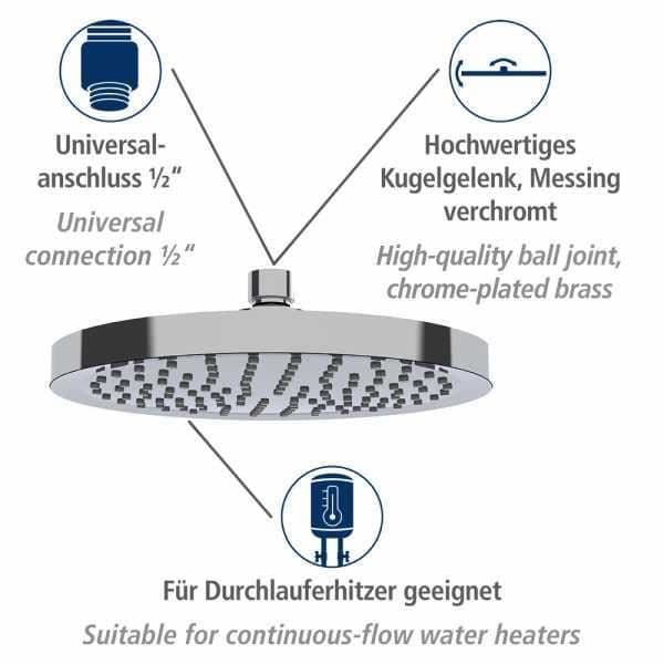 WENKO Vattensparande regnduschhuvud, italienskt duschhuvud, 40 % vattenbesparing, plast, ø 20 cm, krom
